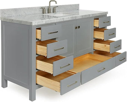 ARIEL Cambridge 60-inch Bathroom Vanity with Sink,Solid Wood, 1.5-inch Italian Carrara Marble Countertop, Single Rectangular Porcelain Sink, 2 Soft Closing Doors, 9 Dovetail Drawers, Grey