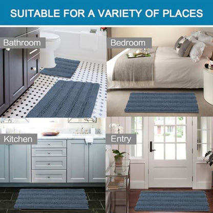 H.VERSAILTEX Bathroom Rug Sets 2 Piece Bath Mats Non Slip Thick Soft Chenille Striped Bath Rug achine Washable Shower Floor Rugs for Tub, Shower and Floor (Blue Indigo, 20"x32" Plus 20"x20" U)