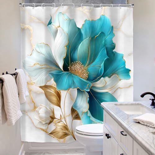 Riyidecor Teal Gold Marble Floral Shower Curtain for Bathroom Decor 60Wx72H Modern Turquoise Ombre Flower Abstract Luxury Minimalist Art Printed Fabric Polyester Waterproof 12 Pack Plastic Hooks