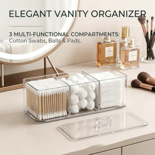 2 Pack Clear Bathroom Organizer with Lid, 3 Compartment Cotton Swab Holder