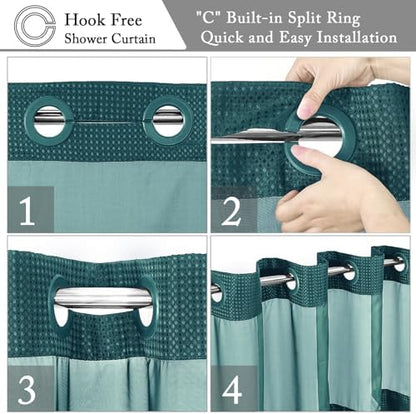 Gibelle No Hook Cloth Seaweed Green Shower Curtain with Liner, 72x74