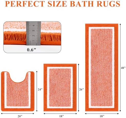 Pauwer Bathroom Rugs 3 Piece Set, Non Slip Washable Bath Mat, Orange