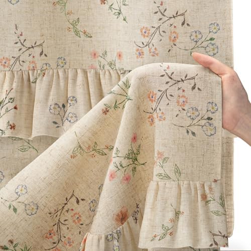 Floral Farmhouse Vintage French Country Ruffle Linen Shower Curtain 60Wx72H