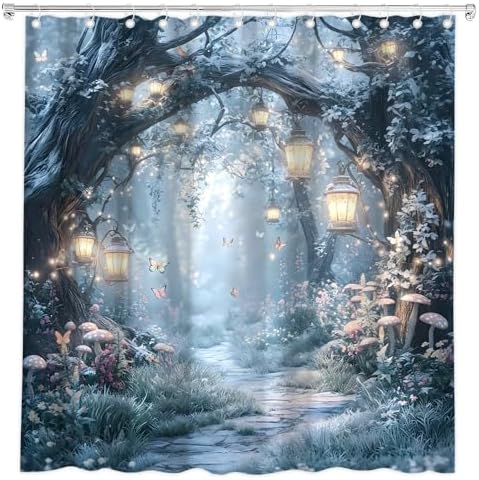 Fantasy Forest Path Shower Curtain Winter Fairy Magical Enchanted Misty Jungle Mushroom Floral Tree Butterfly Lantern Wonderland Bath Curtain Fabric Bathroom Accessories Decor with Hooks 84W x70L