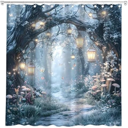 Fantasy Forest Path Shower Curtain Winter Fairy Magical Enchanted Misty Jungle Mushroom Floral Tree Butterfly Lantern Wonderland Bath Curtain Fabric Bathroom Accessories Decor with Hooks 84W x70L