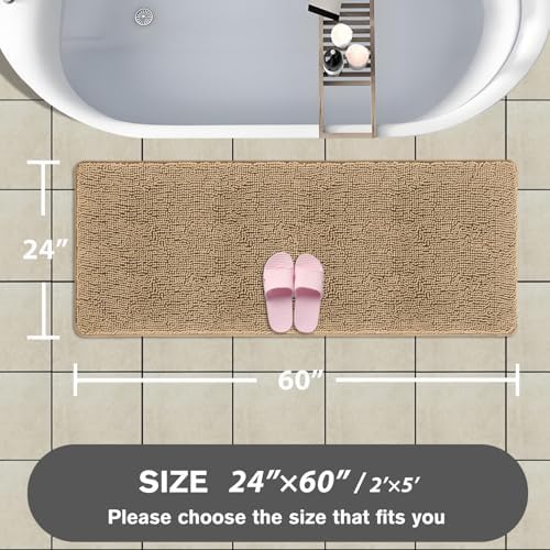 Bathroom Runner Rug 24 x 60 Inch – Extra Large Long Bath Mat | Absorbent and Washable Thick Chenille Bath Rug Non-Slip Runner Rug for Bathroom, Shower, Sink(Beige)