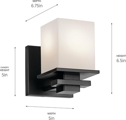 Kichler Tully 6.5" 1-Light Wall Sconce with Satin Etched Cased Opal Glass in Black for Vanity, Living Room, Dining Room, Bedroom, Laundry Room, Mudroom, Hallway, Stairwell (6.5 x 5 x 7"), 45149BK