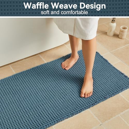 Triohero Waffle Bath Mat, Boho Bathroom Rugs Non Slip, 20x30 Denim Blue