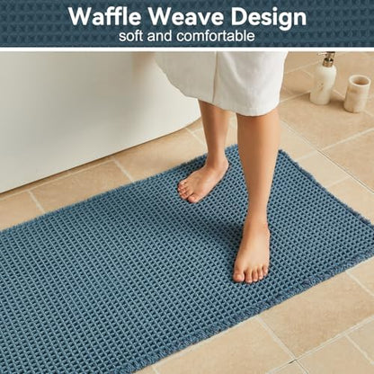 Triohero Waffle Bath Mat, Boho Bathroom Rugs Non Slip, 20x30 Denim Blue