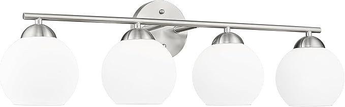 Emak Modern Brushed Nickel Vanity Light, 29 Inch Globe Bathroom Light Fixtures Over Mirror, 4 Light Bathroom Vanity Light with Milk Glass, VL114-BN-ML-4