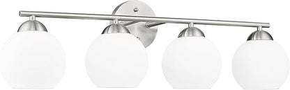 Emak Modern Brushed Nickel Vanity Light, 29 Inch Globe Bathroom Light Fixtures Over Mirror, 4 Light Bathroom Vanity Light with Milk Glass, VL114-BN-ML-4