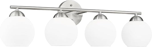 Emak Modern Brushed Nickel Vanity Light, 29 Inch Globe Bathroom Light Fixtures Over Mirror, 4 Light Bathroom Vanity Light with Milk Glass, VL114-BN-ML-4
