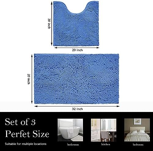 Bathroom Rugs Chenille Bath mat 2 Piece Set, Super Absorbent, Strong PVC Non Slip Backing, Bath mats for Bathroom, Plush Shaggy, Thick, Machine Washable, Bathtub, Toilet.(Snow Cyan)