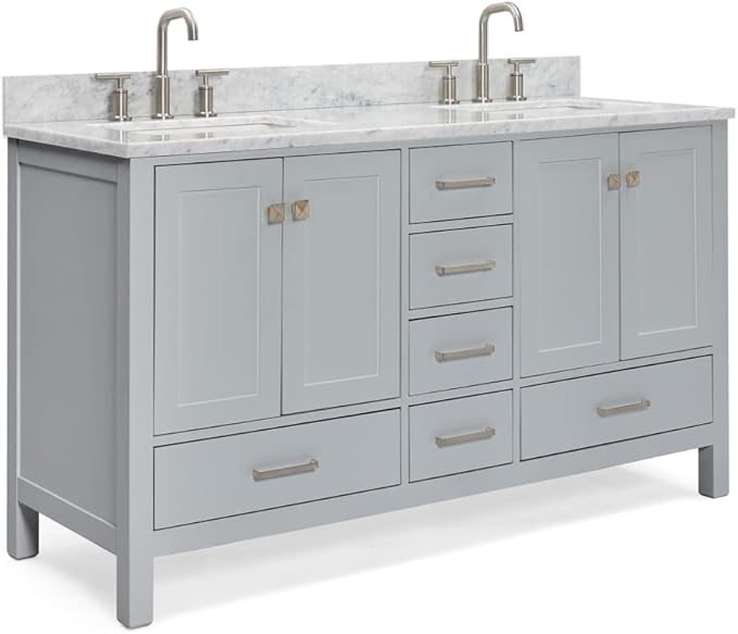 ARIEL Cambridge 60-inch Bathroom Vanity with Sink,Solid Wood, 0.75-inch Italian Carrara Marble Countertop, Double Rectangular Porcelain Sink, 4 Soft Closing Doors, 6 Dovetail Drawers, Grey