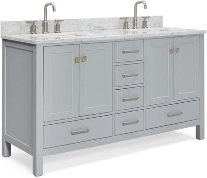 ARIEL Cambridge 60-inch Bathroom Vanity with Sink,Solid Wood, 0.75-inch Italian Carrara Marble Countertop, Double Rectangular Porcelain Sink, 4 Soft Closing Doors, 6 Dovetail Drawers, Grey