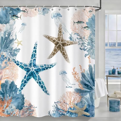 Orange Beach Shower Curtain for Bathroom, Ocean Coastal Theme, 72x72 In