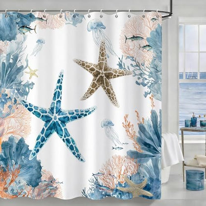 Orange Beach Shower Curtain for Bathroom, Ocean Coastal Theme, 72x72 In