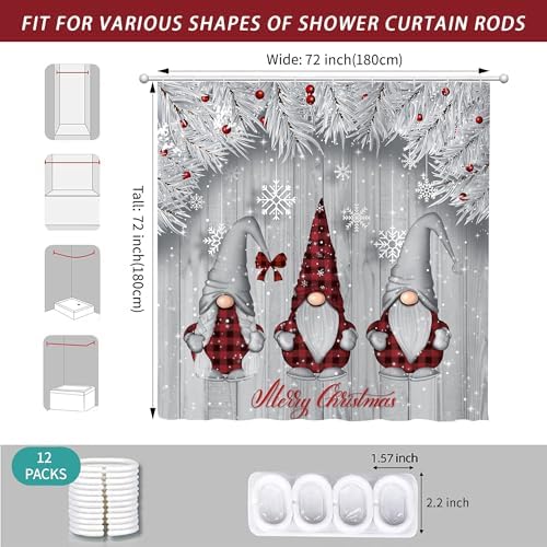 Winter Christmas Shower Curtain for Bathroom 72W*72H Inch Silver Snow Gnomes Rustic Grey Wood Plank Farmhouse Gray Xmas Balls Tree Holiday Decorations Bathtub Decor Waterproof Polyester Fabric Set