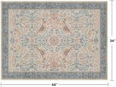 Traditional Washable 3x4 Entryway Rug, Mudroom Indoor Entrance Door Mat, Non-Slip Kitchen Floor Rug with Rubber Backing, Stain and Fade Resistant, Oriental Bird Pattern & Red Blue Floral Design