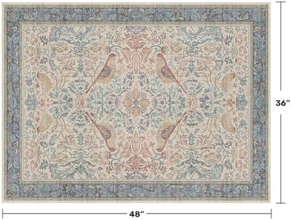 Traditional Washable 3x4 Entryway Rug, Mudroom Indoor Entrance Door Mat, Non-Slip Kitchen Floor Rug with Rubber Backing, Stain and Fade Resistant, Oriental Bird Pattern & Red Blue Floral Design