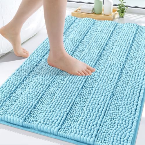 Grandaily Chenille Striped Bathroom Rugs 24x16, Extra Thick and Soft Absorbent Bath Mats, Rubber Backing, Plush Shaggy Shower Carpet, Machine Wash Dry, Bath Rug for Bathroom, Sky Blue