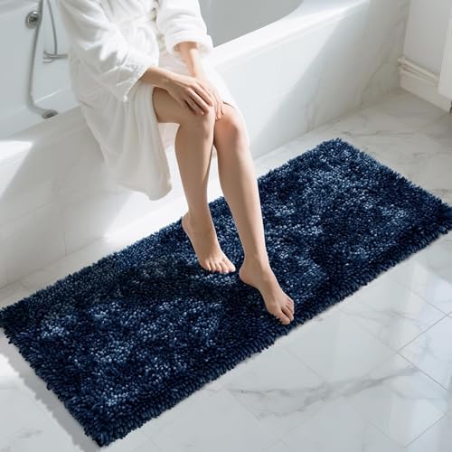 Yimobra Long Bathroom Rugs Runner 60x24 Inch, Extra Thick Soft Absorbent Chenille Bath Mat, Non Slip Machine Washable, Quick Dry Bath Rugs for Bathroom Floor, Tub and Shower, Blue