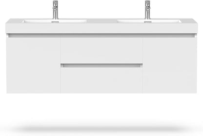 Vanity Art 60 Inch Double Sinks Wall Mounted Bathroom Vanity Set 2 Drawers 4 Shelves Storage Cabinet with White Engineered Stone Top Undermount Rectangle Sinks High-Glossy