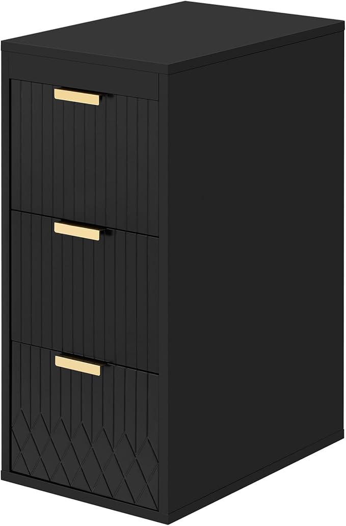 12 Inch Floating Bathroom Side Cabinet, Wall Mounted Bathroom Storage Cabinet with 3 Drawers, Modern Slim Organizer with Decor Line, Gold Metal Pulls