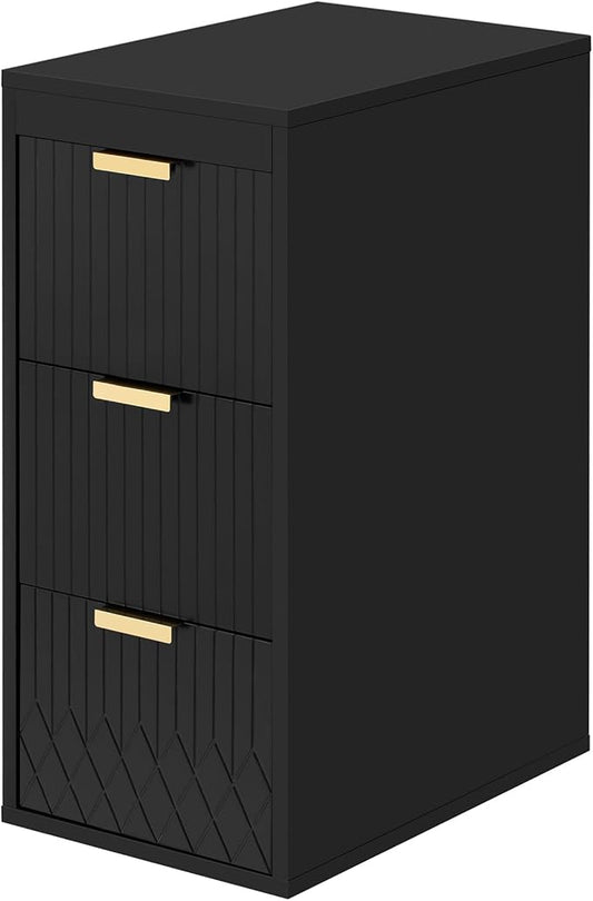 12 Inch Floating Bathroom Side Cabinet, Wall Mounted Bathroom Storage Cabinet with 3 Drawers, Modern Slim Organizer with Decor Line, Gold Metal Pulls