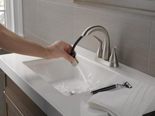 Delta Broadmoor Centerset Brushed Nickel Bathroom Faucet with Sprayer, 4 Inch 3 Hole Bathroom Sink Faucet with Pull Out Sprayer, Push-Pop Drain, Stainless 25765LF-SSPD