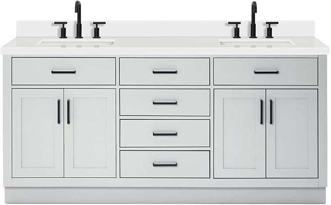 ARIEL Hepburn 72-inch Bathroom Vanity with Sink,Solid Wood, 1.5-inch Pure White Quartz Countertop & Backsplash, Double Rectangular Porcelain Sink, 4 Soft Closing Doors, 6 Dovetail Drawers, Grey