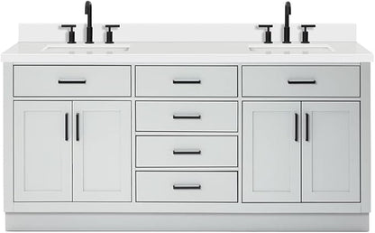 ARIEL Hepburn 72-inch Bathroom Vanity with Sink,Solid Wood, 1.5-inch Pure White Quartz Countertop & Backsplash, Double Rectangular Porcelain Sink, 4 Soft Closing Doors, 6 Dovetail Drawers, Grey