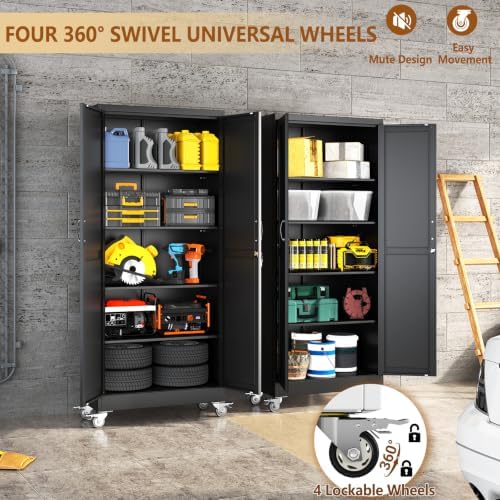 71" Metal Garage Storage Locker Cabinet with Wheels,Rolling Black Farmhouse Kitchen Pantry Cabinet with 2 Doors and 4 Adjustable Shelves, Steel File Tool Cabinet for Home Office Warehouse