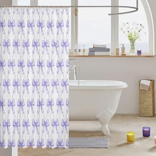 jejeloiu Purple Bow Shower Curtain 72"x78" Cute Bowknot Bath Curtain Boys Girls Kawaii Bathroom Shower Curtain Set for Kids Women Men Bow and Stripes Kids Bathroom Accessories
