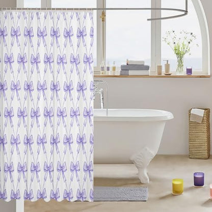 jejeloiu Purple Bow Shower Curtain 72"x78" Cute Bowknot Bath Curtain Boys Girls Kawaii Bathroom Shower Curtain Set for Kids Women Men Bow and Stripes Kids Bathroom Accessories