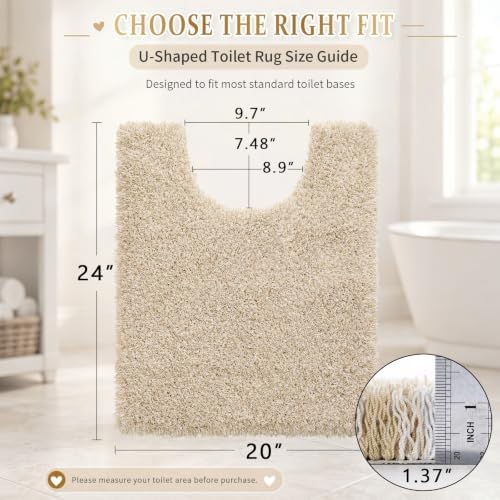 Yimobra Toilet Rugs U Shaped 24X20, Ultra Soft and Water Absorbent Bath Mats, Non Slip Fluffy Luxury Microfiber Contour Bath Rugs for Toilet, Dry Quick, Machine Washable, Light Beige and White