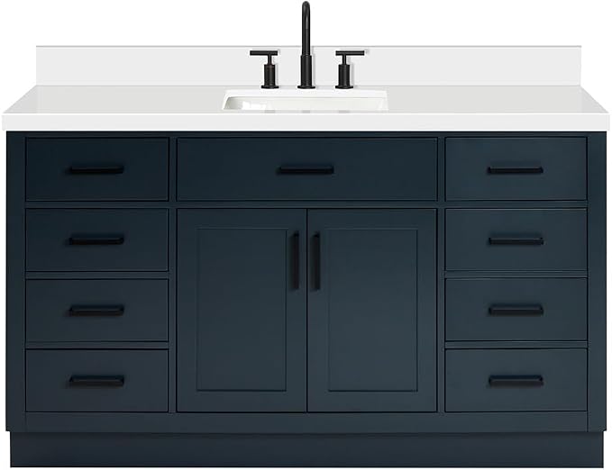 ARIEL Hepburn 60-inch Bathroom Vanity with Sink,Solid Wood, 1.5-inch Pure White Quartz Countertop, Single Rectangular Porcelain Sink, 2 Soft Closing Doors, 9 Dovetail Drawers, Midnight Blue