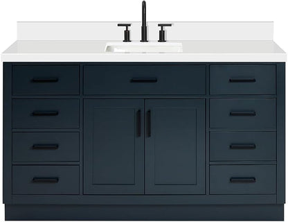 ARIEL Hepburn 60-inch Bathroom Vanity with Sink,Solid Wood, 1.5-inch Pure White Quartz Countertop, Single Rectangular Porcelain Sink, 2 Soft Closing Doors, 9 Dovetail Drawers, Midnight Blue
