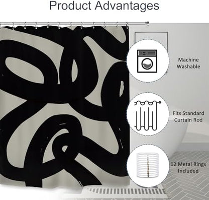 Abstract Black Shower Curtain 72Wx72L Inch Modern Minimalist Contemporary Geometric Line Neutral Simple Bathroom Set Accessories Decor with 12 Pack Hooks