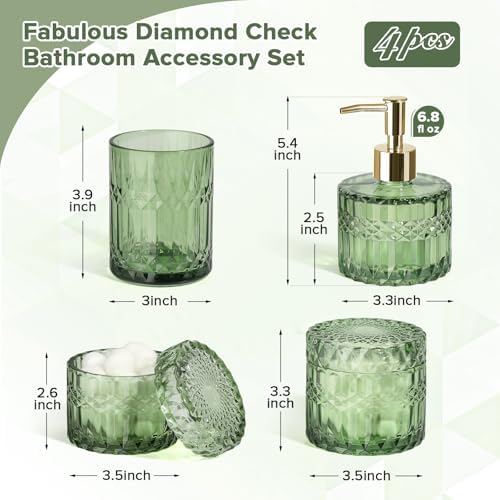 Green Bathroom Accessories Set, 4Pcs Green Bathroom Decor Accessory Sets Complete, Glass Soap Dispenser and Toothbrush Holder Set for Vintage Bathroom Countertop