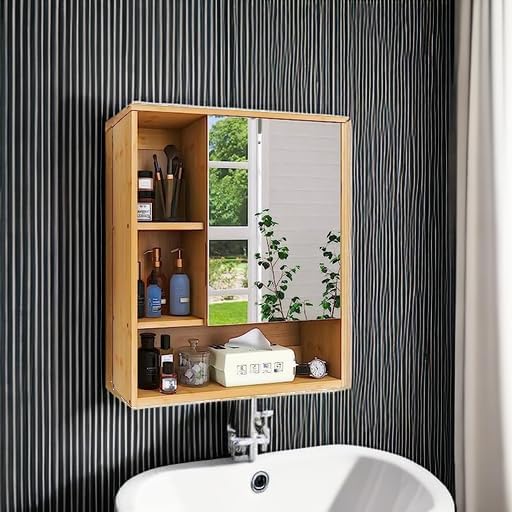 SMIBUY Bathroom Mirror Cabinet Wall Mounted, Bamboo Space Saver Medicine Cabinet, Wall Hanging Over Toilet Storage Cabinet with Mirror Door and Adjustable Shelf (Natural)