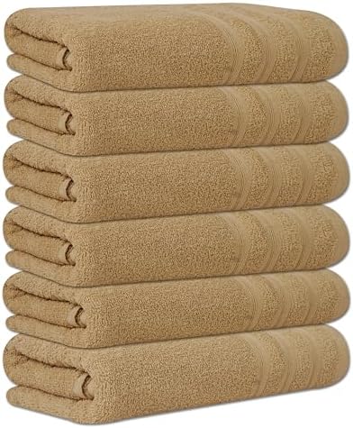 Large Bath Towels Set of 6 – 24" x 50" – 100% Cotton Terry – Durable, Soft & Quick Dry – Beige Multipurpose Towels for Bathroom, Gym, Spa, Pool & Daily Use