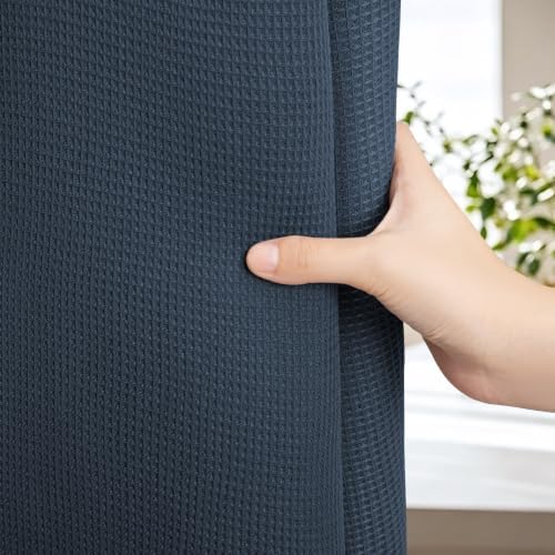 LXBNI Blue Waffle Shower Curtain, Cotton Blend with Metal Hooks, 72x72