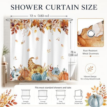 Harvest Pumpkin Shower Curtain, 72 x 78 Inch Watercolor Fall Bathroom Curtain with Autumn Leaves, Cornucopia and Blue Pumpkin Design, Farmhouse Bath Decor