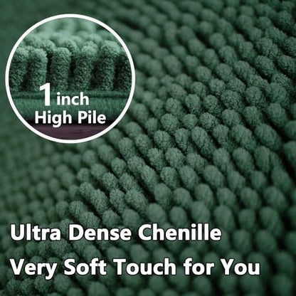 BOANKODU Bathroom RugsSets 2 Piece，59X24+16X24Inch，Absorbent Non-Slip Very Soft Chenille Mat,Machine Washable（Dark Green）