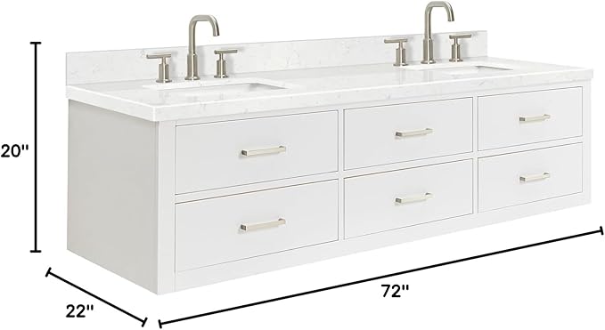 ARIEL Hutton 72-inch Bathroom Vanity with Sink,Solid Wood, 1.5-inch Carrara White Quartz Countertop & Backsplash, Double Rectangular Porcelain Sink, 3 Dovetail Drawers, White
