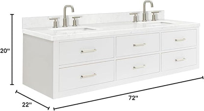 ARIEL Hutton 72-inch Bathroom Vanity with Sink,Solid Wood, 1.5-inch Carrara White Quartz Countertop & Backsplash, Double Rectangular Porcelain Sink, 3 Dovetail Drawers, White