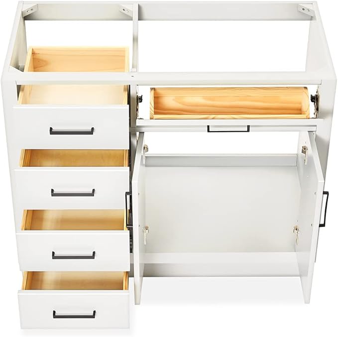ARIEL Hepburn 42-inch Bathroom Vanity Base Cabinet,Solid Wood, 2 Soft Closing Doors, 5 Dovetail Drawers, White