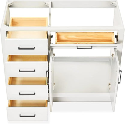 ARIEL Hepburn 42-inch Bathroom Vanity Base Cabinet,Solid Wood, 2 Soft Closing Doors, 5 Dovetail Drawers, White