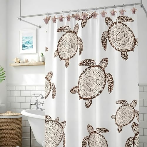 Amyhill 12 Pcs Shower Curtain Hooks Decorative Shower Curtain Rings Stainless Steel Resin Sea Theme Bathroom Decor Suitable for Home Bedroom(Sea Turtle)